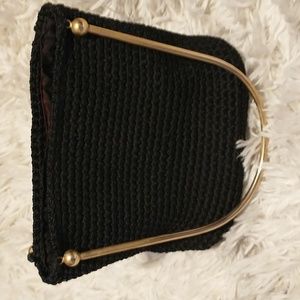 Mama Pita black crotched handbag with gold metallic double handles, vintage